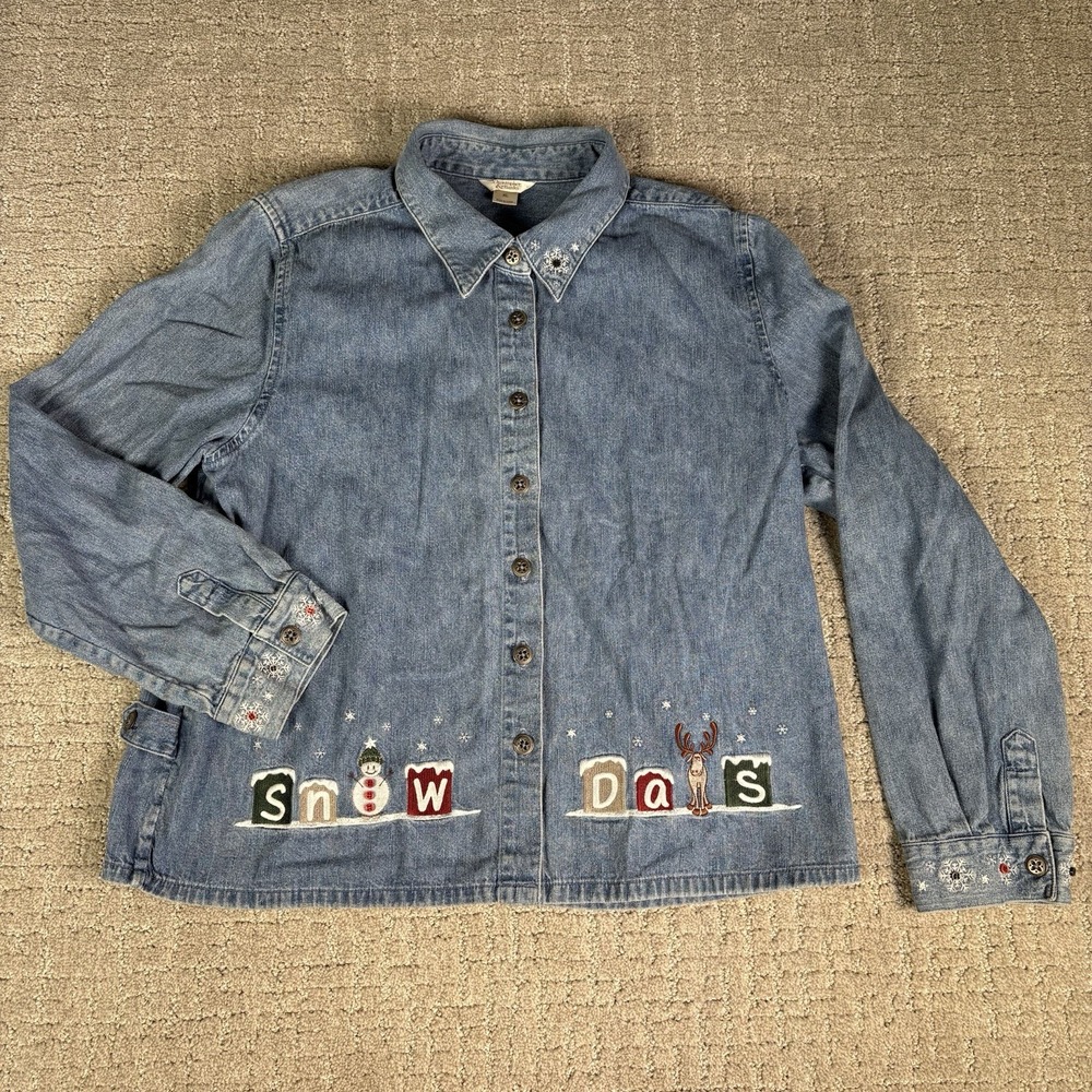 Christopher & Banks Denim Shirt Women XL Snow Days Snowman Snowflake Embroidery